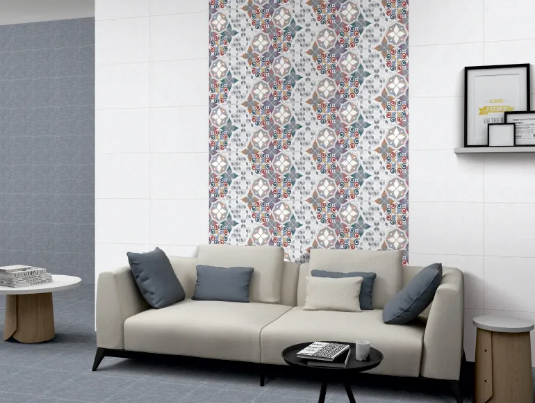 Elegant living room design with blue floral tiles